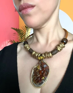 Boho Art Leather statement Harmony Necklace with raw amber pendent  for women - Picture 1 of 8