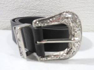 Black Leather Belt Mens Size 42 Silver Tone Buckle Western - Picture 1 of 4