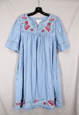 Винтажный BECHAMEL синий джинсовой ткани плиссированные цветочная вышивка карманы MUMU дом платье M - Изображение 1 из 4