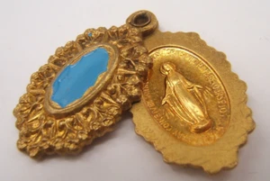 GOLD TONE MEDAL PENDANT BLUE ENAMEL MARY & ST CHRISTOPHER OPENS - Picture 1 of 3