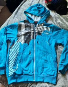 PUMA  Turquoise Youth Sweat Jacket Zip Up Front Hooded Kids 34/36 Hoodie Pattern - Picture 1 of 6