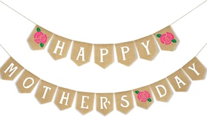 Happy Mother'S Day Banner Rose Mothers Day Burlap Hanging Banner Garland Rustic - Picture 1 of 7