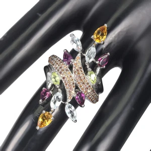 925 Sterling Silver Ring Pear Citrine Aquamarine Sapphire Gemstone Jewelry 8.5 - Picture 1 of 10