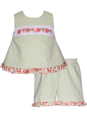 NEW Bonnie Jean Girls Size 3-6M "GREEN SEERSUCKER & FLORAL" Smocked Top Shorts - Image 1 of 3
