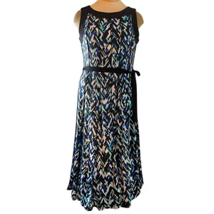 Perceptions New York Women's Large Black Blue White Dress Sleeveless A-Line Tie - Picture 1 of 12