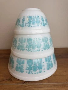 VTG PYREX Amish Butterprint Nesting Mixing Bowl Set 401 402 403 White Turquoise - Picture 1 of 19