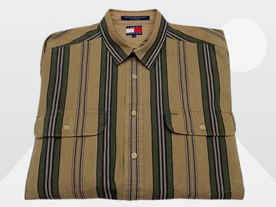 Camisa masculina listrada vintage anos 90 Tommy Hilfiger verde azul marrom com botões grande - Imagem 1 de 4