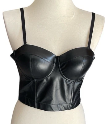 Wet Faux Leather Long Bra Top Under Wire Party Clubwear Black Size Small - Image 1 of 4