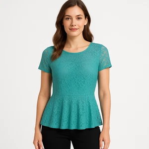 Top Cato para mujer talla grande verde azulado peplum encaje manga corta floral femenino elegante - Imagen 1 de 11