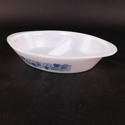 Caçarola dividida oblonga vintage vidro leitoso trevo azul 12" - Imagem 1 de 4