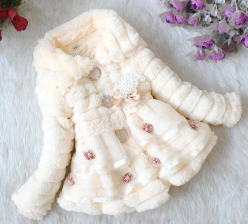Kids Baby Girls Sweet Floral Fur Fleece Winter Warm Coat Outwear Dress Jackets - Image 1 of 4