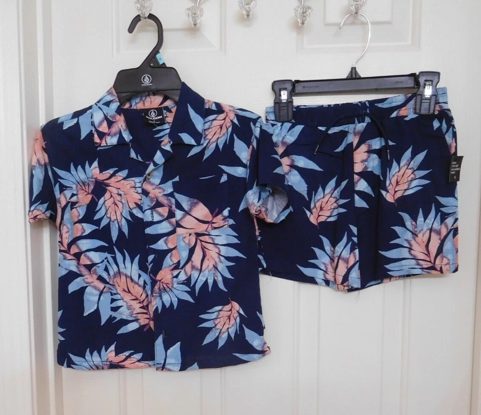 NWT 2pc Volcom Linen Blend Navy Beach Print Button Shirt & Shorts Set sz 5 - Image 1 of 1