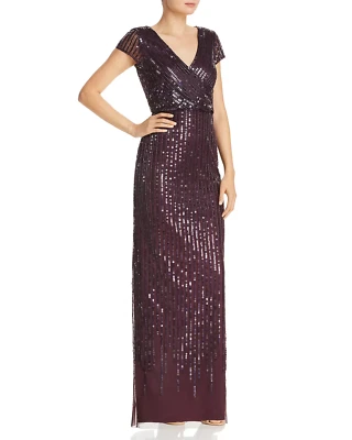 NWT Adrianna Papell [ 4 ] Short Sleeve Embellished Column Gown Night Plum #S673 - Image 1 of 4