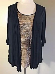 JANERIC taglie forti 1X? Cardigan nero marrone argento con volant finto tank maglia elasticizzata  - Foto 1 di 6