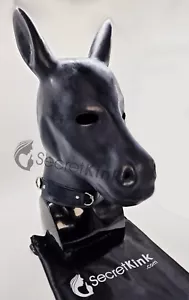 LATEX HORSE HOOD RUBBER THICK 2MM LATEX COLLAR PADLOCK HEAVY BLACK PONY STALLION - Picture 1 of 13