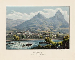 R. DICKENMANN (*1832), Schwyz mit Grossem Mythen, Aquatinta Romantik Landschaft - Bild 1 von 5
