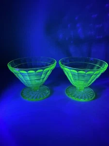 2 Uranium Glass Vaseline Glass Dessert Cups Glow UV Depression Era Sherbet READ - Picture 1 of 12