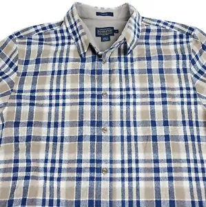 XL Pendleton Lodge Shirt Mens Tan Blue Plaid Flannel 100% Pure Virgin Wool - Picture 1 of 5