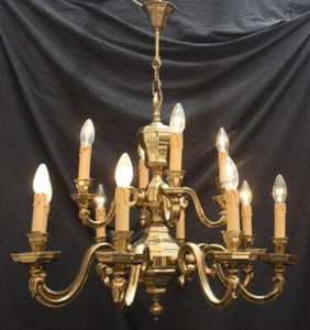 A VINTAGE FRENCH CHANDELIER, HEAVY BRASS 2 TIER 12 ARM CEILING LIGHT (MY29) - Picture 1 of 10