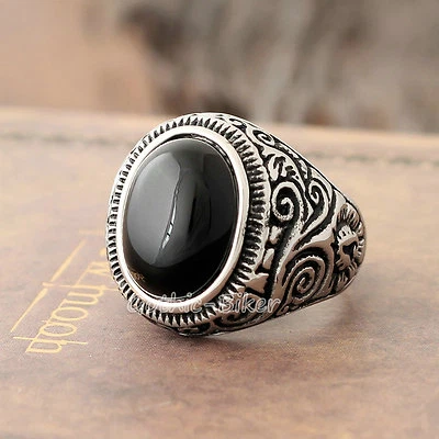 Anillo grande de acero inoxidable con piedras preciosas de ónix genuino ovalado natural talla 7-15 de EE. UU. Foto 1 de 4