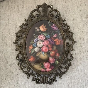 Antique Vintage Wrought Iron Victorian oval Picture Frame bubble glass floral - Picture 1 of 10
