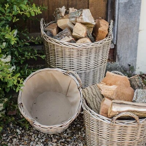 Light Grey Wicker Circular Log Basket with Lining in 2 Sizes - Picture 1 of 4