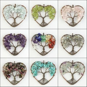 Natural Amethyst Fluorite Turquoise Chip Beads Tree of Life Copper Heart Pendant - Bild 1 von 24
