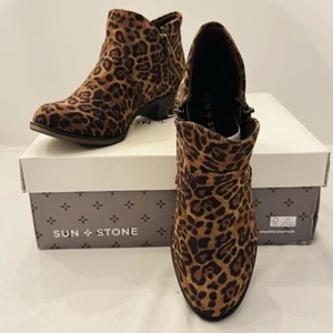SUN+STONE Women's Brown Leopard Abby Double Zip Ankle Bootie Boot Sz 5 - Picture 1 of 7