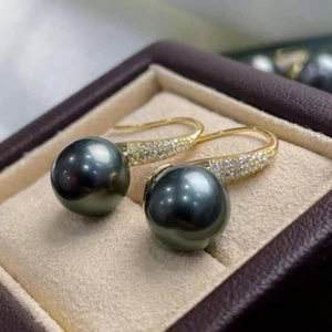 stunning 9-10mm tahitian round black green  pearl dangle earring 925s(t) - Picture 1 of 3