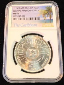 1974 DOMINICAN REPUBLIC SILVER 1 PESO CENTRAL AMERICAN GAMES NGC MS 65 GEM BU - Picture 1 of 4