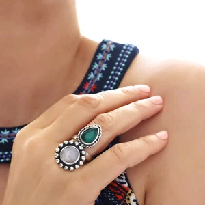 Moonstone Birthstone 925 Silver Ring Green Agate Hallmarked Sterling Adjustable - Bild 1 von 6