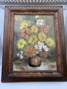 Antique Oil Painting Flowers On Canvas, Wood Framed Signed Moody Rustic Cottage - Picture 1 of 22