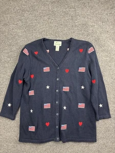 Quacker Factory Cardigan Sweater Womens Large Navy Embroidered Flags Patriotic - Picture 1 of 7