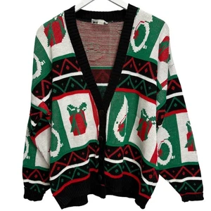 Vintage Cabin Creek Christmas Sweater Cardigan Size XL Black Green Ugly Blocks - Picture 1 of 6