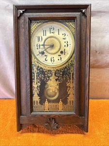 H•Vintage Antique NEW HAVEN 8 Day T & S Oak Cased Mantel Clock, Brass Movement - Picture 1 of 14