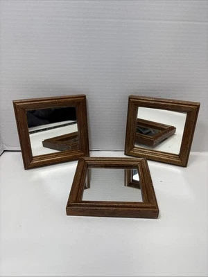 Set Of 3 Vintage Wood Frame Square Wall Mirror 5 Inch Hung Straight Or Diagonal - Image 1 of 4
