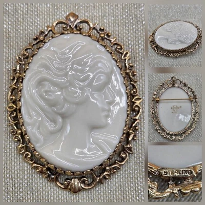Broche estilo vitoriano prata esterlina dourada LENOX porcelana camafeu ouro Vermeil - Imagem 1 de 4