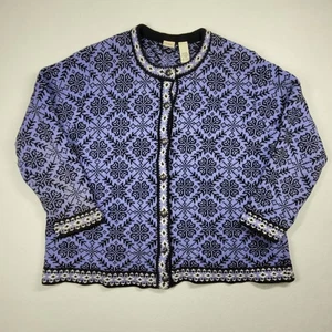 LL Beans Christmas Knit Cardigan Womens 1X Purple Nordic Snowflakes Sweater - Picture 1 of 11