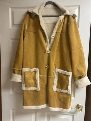 Vintage Y2K Suede Faux Fur Hooded Sherpa Toggle Coat Penny Lane Marlboro Man - Image 1 of 4