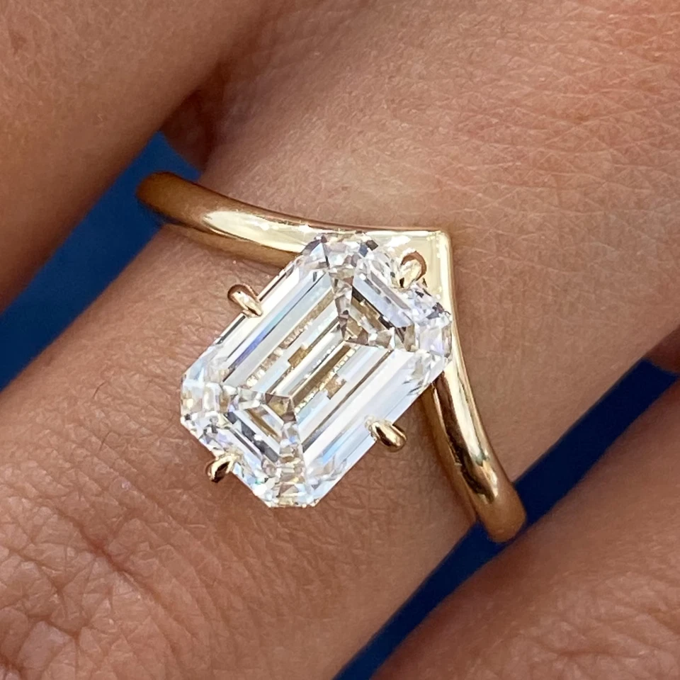 Emerald Cut Lab Grown Diamond Engagement Solitaire Chevron Ring 10K Gold Ring - Image 1 of 4