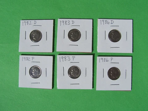 1982 P&D, 1983 P&D, 1986 P&D Roosevelt Dime Key Year Set in 2X2 holders Cover