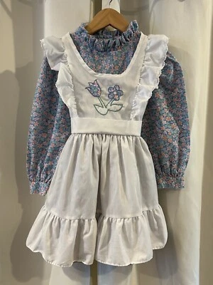 Vintage 1980’s Winnie The Pooh Girls Floral Dress White Pinafore Size 5 USA Made - Image 1 of 4
