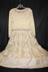 Vintage VICTORIA ROYAL Beige 100% Silk Beaded & Sequin"Rocks"Gown Womens 12-B113 - Picture 1 of 7