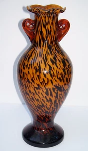 LARGE 12" HAND BLOWN GLASS ANIMAL CHEETAH LEOPARD TORTOISE PRINT VASE - Picture 1 of 3