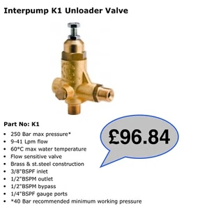 PRESSURE WASHER INTERPUMP 36.9523.00 K1 UNLOADER VALVE FLOW SENSITIVE 250BAR MAX - Picture 1 of 1