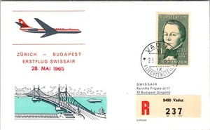 LIECHTENSTEIN 1965 REG AIRMAIL COVER COMM FIRST FLIGHT SWISSAIR ADDR CANC VADUZ - Picture 1 of 2