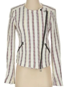 Veronica Beard Mara Moto Tweed Jacket Striped Sz 4 White Black Red Yellow Zipper - Picture 1 of 12