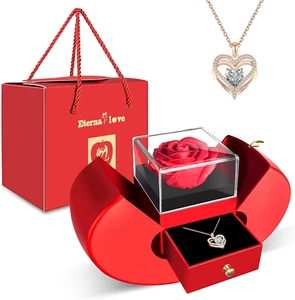 Preserved Flower Rose, w/ Heart Necklace, Gifts For Mom, Girlfriend, Women, Wife - Picture 1 of 14