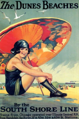CHICAGO DUNES BEACH GIRL UNDER UMBRELLA SOUTH SHORE TRAVEL VINTAGE POSTER REPRO - Image 1 of 3