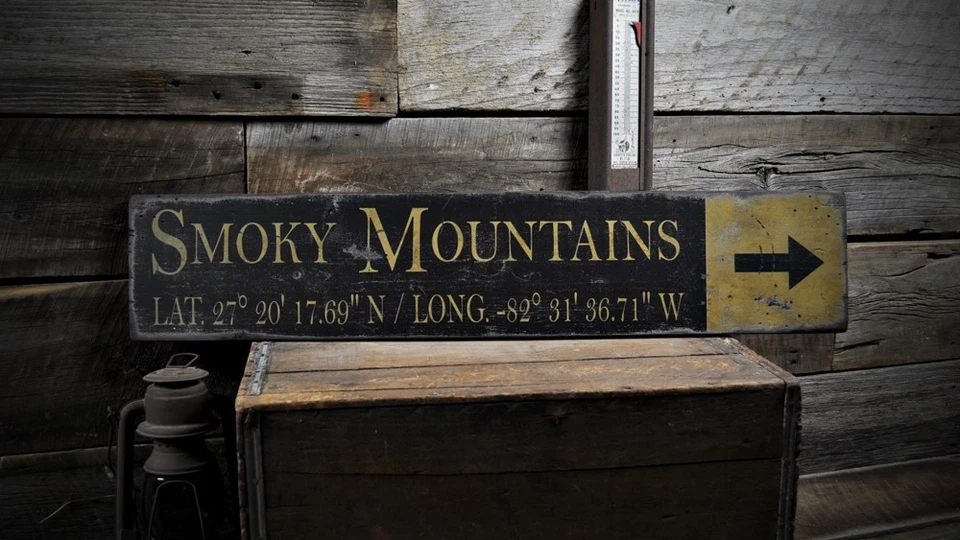 Custom Smoky Mountain Lat & Long Sign - Rustic Hand Made Vintage Wood - Image 1 of 1